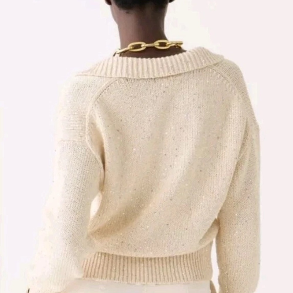 J.Crew Natural Sequin Polo Pullover Sweater XL - Picture 3 of 10